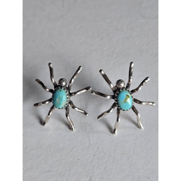 Estate Jewelry - Genuine Turquoise Sterling Silver Spider Stud Earrings Pierced Boho Southwestern
